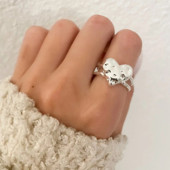 925 Sterling Silver Textured Foil Heart Ring Geometric Ring Silver Heart Ring - Picture 2 of 7